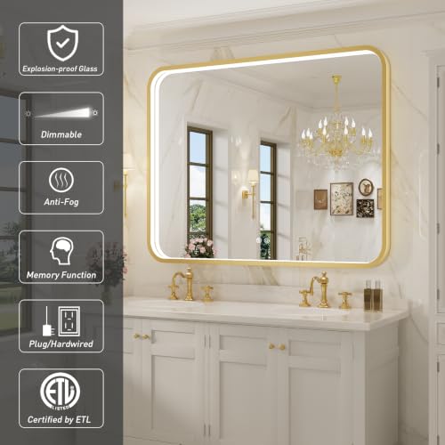 43X36 Inch Gold Framed LED Lighted Bathroom Mirror - color: Gold, size: 43"L x 36"W