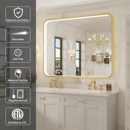 43X36 Inch Gold Framed LED Lighted Bathroom Mirror - color: Gold, size: 43"L x 36"W