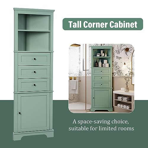 Green Corner Cabinet, 69" Tall Bathroom Storage Cabinet with 3 Drawers & Adjustable Shelves, Triangle Freestanding Linen Tower Pantry Organizer for Small Spaces Kitchen Living Room