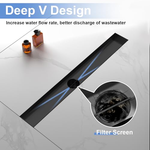 12 Inch Linear Shower Drain-Matte Black, with Tile Insert Grate | AISI 304 Stainless Steel Shower Drain, Rectangle Shower Floor Drain with Leveling Feet, Fits Bathroom & Balcony etc - color: Matte Black, size: 12 Inch