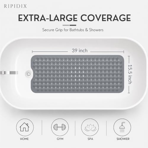 Bathtub Mat Non-Slip – 39" x 15.5" Extra Long Shower Mat with Suction Cups, BPA Free & Machine Washable, Textured Bath Mat for Tub, Ideal for Kids, Seniors & Pregnant Women, Gray - color: Gray