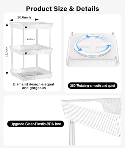 3 Tier Lazy Susan Bathroom Countertop Organizer, 360° Clear Rotating Square Storage Tray, Cosmetics and Perfume Organizer, Spinning Storage Tray Vanity Organizer Shelf for Bathroom Cabinet, Kitchen - size: 3 Tier /10.6 In Square