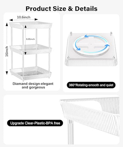 3 Tier Lazy Susan Bathroom Countertop Organizer, 360° Clear Rotating Square Storage Tray, Cosmetics and Perfume Organizer, Spinning Storage Tray Vanity Organizer Shelf for Bathroom Cabinet, Kitchen - size: 3 Tier /10.6 In Square