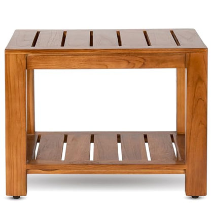 Teak Shower Bench with Shelf, 24” Wide, Shower Stool, Fully Assembled Bathroom Shower Seat, Water-Resistant Spa Bath Bench for Shower, Bathroom & Entryway, The Tara
