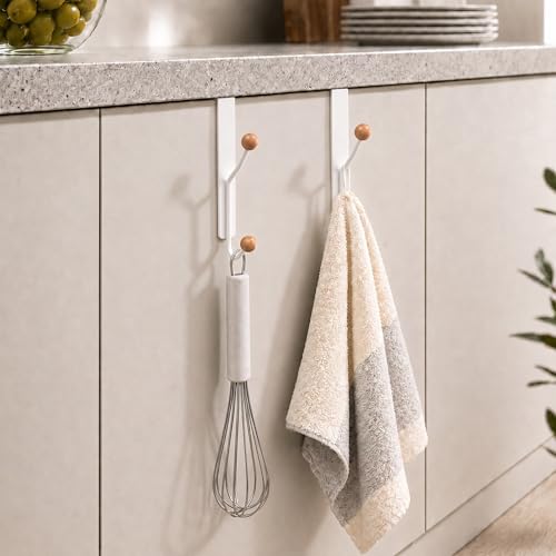 KitchLife Over The Door Hooks 2 Pack Heavy Duty Door Hanger Hooks with Wooden Ball Tips, Steel Over Door Hook Rack for Clothes, Towels, Bags & Tools, Fits 1-3/8” Door, Matte White
