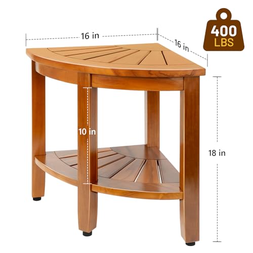18" Premium Teak Corner Shower Bench with Shelf, Solid Teak Shower Stool, Durable Waterproof Wooden Seat for Inside Shower, Teak Wood Bench for Bathroom, Indoor & Outdoor Use