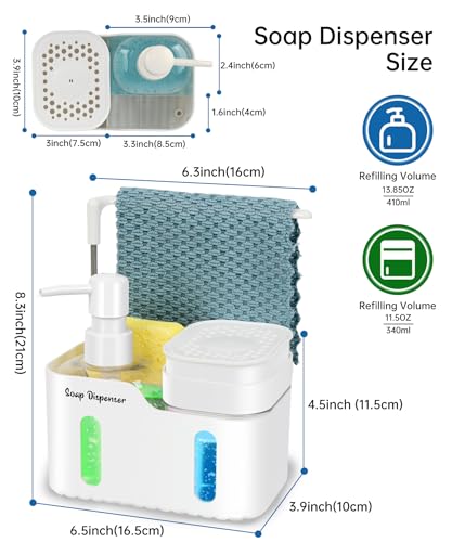 Hand Soap and Dish Soap Dispenser Set for Kitchen, Dual Soap Dispenser with Sponge Holder and Dishcloth Holder 4-in-1 Organizer for Kitchen Sink Countertop, Useful Kitchen Gadgets (White) - color: White