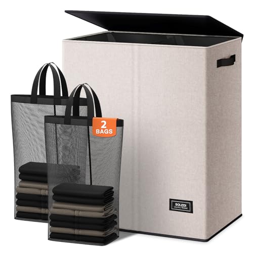 SOLEDI Large Double Laundry Hamper with Lid, Collapsible Clothes Hamper 2 section with Removable Bags, Space-Saving Laundry Basket for Bedroom, Dorm, College - color: Beige, size: 145l