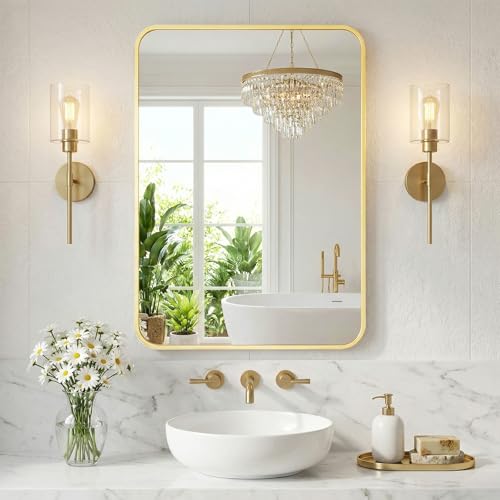 NEWBULIG Bathroom Mirrorfor Bathroom Sink, 26x38 Inch, Vanity Wall Mirror | Rectangle Metal Frame, Rounded Corners, Bedroom Entryway Hang, Horizontal or Vertical, Gold - color: Gold, size: 26"L x 38"W