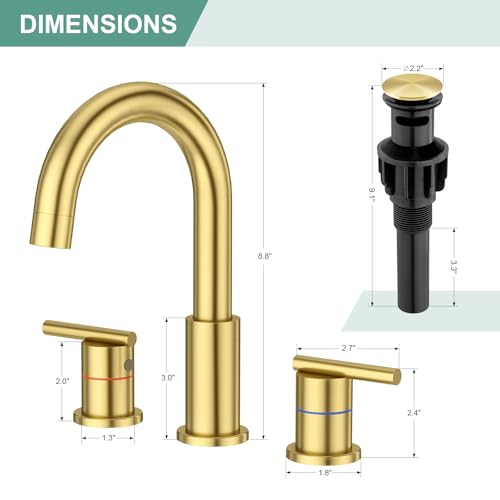 Faustina Gold Faucet Bathroom,Brushed Gold Bathroom Faucets 3 Hole,8 Inch Widespread Bathroom Faucet,4 Inch 12 Inch Bathroom Faucet with Drain Assembly,2-Handle Stainless Steel(Supply Line) - color: Gold, style: Modern Widespread