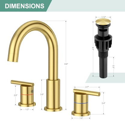 Faustina Gold Faucet Bathroom,Brushed Gold Bathroom Faucets 3 Hole,8 Inch Widespread Bathroom Faucet,4 Inch 12 Inch Bathroom Faucet with Drain Assembly,2-Handle Stainless Steel(Supply Line) - color: Gold, style: Modern Widespread