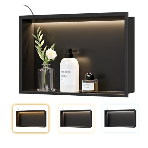 18"x12"Black LED Shower Niche,3 CCT Dimmable Light, No Tile Needed | 304 Stainless Steel Bathroom Niche w/ Light(3000K/4000K/6000K), IP66 Waterproof, Space Saving & Durable ,LED Driver Included - color: Matte Black, size: 18X12In
