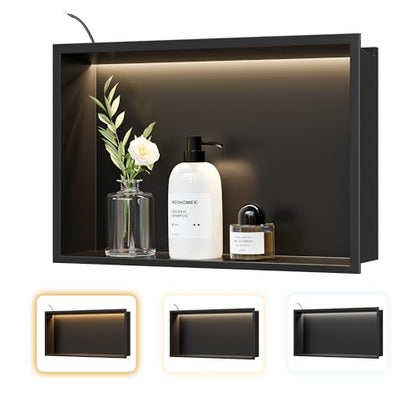 18"x12"Black LED Shower Niche,3 CCT Dimmable Light, No Tile Needed | 304 Stainless Steel Bathroom Niche w/ Light(3000K/4000K/6000K), IP66 Waterproof, Space Saving & Durable ,LED Driver Included - color: Matte Black, size: 18X12In