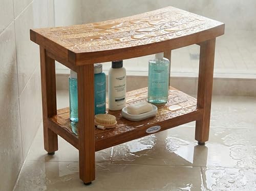 Patented 24" Sumba Teak Shower Bench with Shelf - 24 Inch (Pack of 1) | Durable, Water-Resistant Teak, Shower Chair & Shaving Foot Rest, Indoor/Outdoor Use