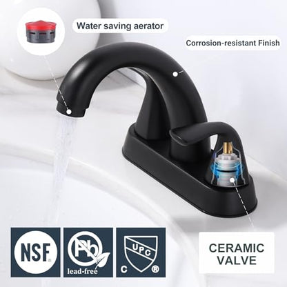 Black Bathroom Sink Faucet, 4 Inch Centerset Bathroom Faucet | ALEASHA 2 Handles Vanity Faucet with Pop Up Drain Stopper, RV Lavatory Vanity Faucets with Aesthetic Appeal - color: Matte Black