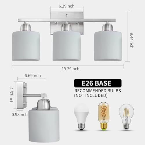 Brushed Nickel Bathroom Light Fixture, Anti-Rust Finish 3 Light Vanity Lights for Bathroom, Bath Lights with Milky White Frosted Glass Shades, E26 Socket - color: Nickel & Milky White Glass, size: 3-Light