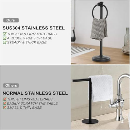 Hoimpro Hand Towel Holder Free Standing Towel Bar Matte Black | Hanging Floor Hand Towel Rack Ring, for Bathroom Kitchen Vanity Countertops, Hardware Accessories SUS 304 Heavy-Duty Base - color: Black