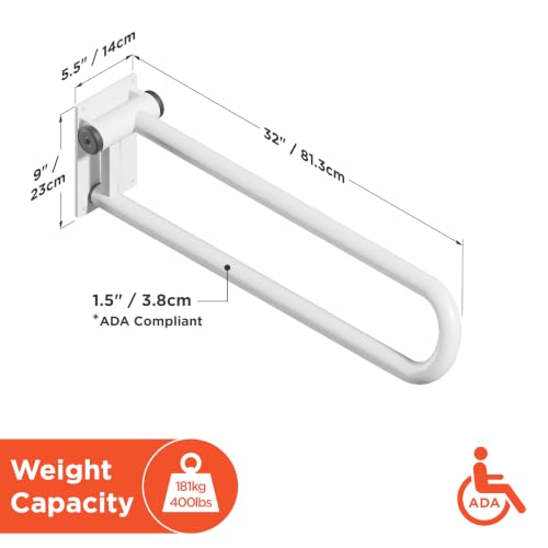 HEALTHCRAFT P.T. Rail 32" Left Side, Fold-Down Toilet Rail - White | Longer 32" reach, wall-mounted hinged rail folds flat when not in use - color: Powder Coat White, size: 32"
