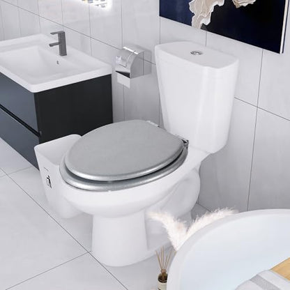 Angol Shiold Glitter Toilet Seat Molded Wood Elongated Toilet Seat with Quietly Close and Quick Release Hinges, Easy to Clean also Easy to Install (Elongated 18.5'', Silver) - color: Silver, size: Elongated 18.5‘’