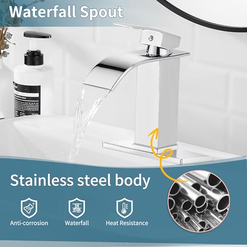 Sagetta Waterfall Bathroom Sink Faucet Single Hole Chrome with Three Hole Cover Deck Plate, Pop up Drain and Water Hoses Stainless Steel Vanity Two Pack - color: Chrome, style: 2