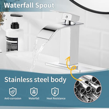 Sagetta Waterfall Bathroom Sink Faucet Single Hole Chrome with Three Hole Cover Deck Plate, Pop up Drain and Water Hoses Stainless Steel Vanity Two Pack - color: Chrome, style: 2