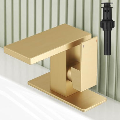 Hoimpro Bathroom Faucet 1 Hole, Single Handle Sink Faucets Brushed Gold | Widespread Vanity Faucet with 6 Inch Deck Plate Pop-up Drain & cUPC Supply Line Stainless Steel, for Vanity RV Restroom - color: Brushed Gold