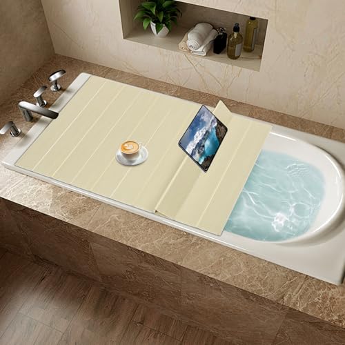 67x27.5in Bathtub Tray, Foldable Bathtub Cover Bath Insulation Cover, PVC Dustproof Shutter Bath Lid Cover Fit Most Tubs, Can Hold Wine Glass, Books, Tablets, Cellphones,Wood Grain - color: Wood Grain, size: 67x27.5in