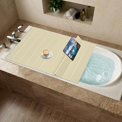 67x27.5in Bathtub Tray, Foldable Bathtub Cover Bath Insulation Cover, PVC Dustproof Shutter Bath Lid Cover Fit Most Tubs, Can Hold Wine Glass, Books, Tablets, Cellphones,Wood Grain - color: Wood Grain, size: 67x27.5in