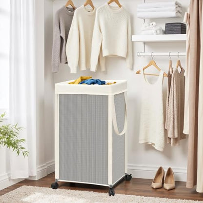 STORAGE MANIAC Laundry Hamper with Wheels, 90L (23.7 Gal) Large Tall Rolling Laundry Basket with Removable and Washable Liner Bag, Aesthetic Dirty Clothes Hamper for College, Dorm, Off-white