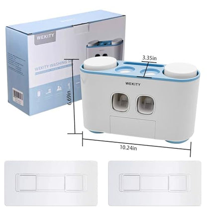 Toothbrush Holder Wall Mounted, WEKITY Multi-Functional Toothbrush and Toothpaste Dispenser for Bathroom, with 5 Toothbrush Slots, 2 Toothpaste Squeezers and 4 Cups(Blue) - color: Blue