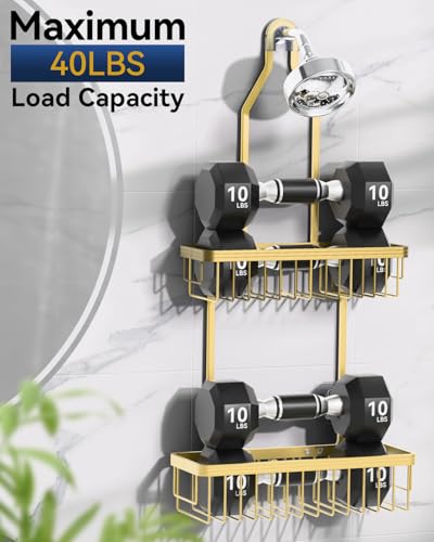 Never Rust Shower Caddy Hanging, Aluminum Shower Racks for Inside Shower, 2-Tier Shower Organizer Hanging Over Shower Head with Hooks and Soap Holder, Gold - color: Gold