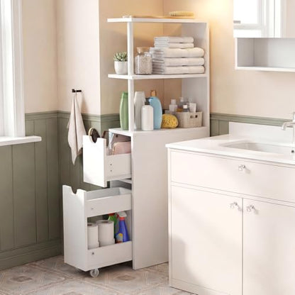 Tangkula Slim Bathroom Storage Cabinet, Small Corner Floor Cabinet with Open Shelves, Slide-Out Drawers, Bathroom Organizer, Narrow Toilet Paper Holder for Restroom, Living Room, Small Spaces, White