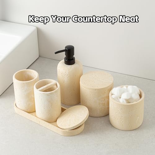 Bathroom Accessories Set, Travertine Stone-Look, 6 PCS, Yellow | Bathroom Accessory Set with Soap Dispenser, Toothbrush Holder, Tumbler, Vanity Tray, Cotton Swab Jars for Countertop - color: Yellow
