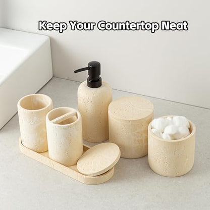 Bathroom Accessories Set, Travertine Stone-Look, 6 PCS, Yellow | Bathroom Accessory Set with Soap Dispenser, Toothbrush Holder, Tumbler, Vanity Tray, Cotton Swab Jars for Countertop - color: Yellow