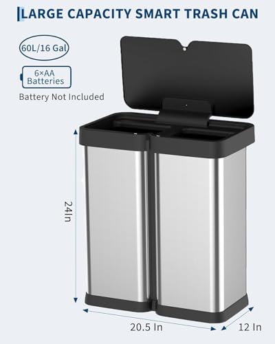 OUTLANE 2x8 Gallon/60L Dual Kitchen Trash Can, Motion Sensor Dual Garbage Can with Soft Close Lid, Automatic Stainless Steel Recycle Bin Combo for Kitchen, Bathroom, Office
