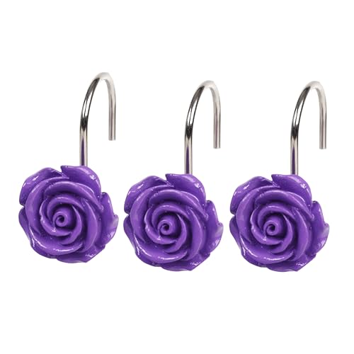 Twofish Home Purple Rose Flower Shower Curtain Hooks Anti Rust Shower Curtain Hooks Decorative Resin Purple Rose Flower Shower Curtain Rings Set of 12 - color: Purple Rose