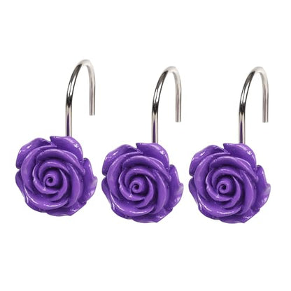 Twofish Home Purple Rose Flower Shower Curtain Hooks Anti Rust Shower Curtain Hooks Decorative Resin Purple Rose Flower Shower Curtain Rings Set of 12 - color: Purple Rose