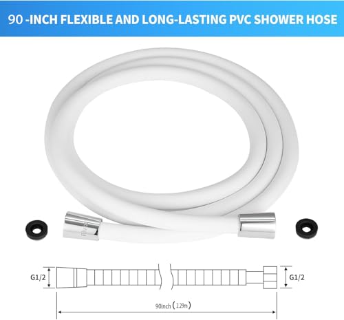 90" PVC Shower Hose Replacement Handheld Kink Free Stainless Steel Shower Head Wand Hose Extension Extra Long with Brass Insert and Nut, Durable & Flexible for Pet Bathing Cleaning - color: White, size: 90 Inches