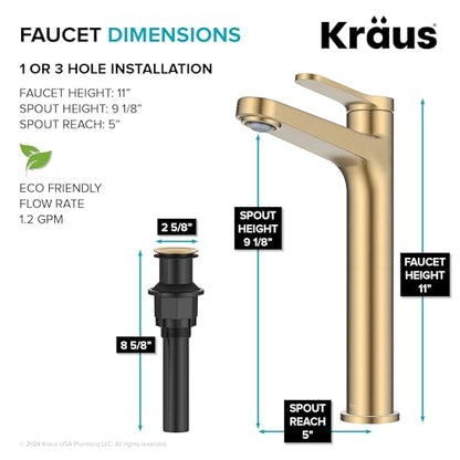 KRAUS Indy Bathroom Faucet for Vessel Sink in Spot-Free Brushed Brass with Single Handle, Pop Up Drain and Supply Lines, KVF-1410SFBB - color: Spot Free Brushed Brass, style: Vessel