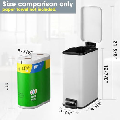 Slim Bathroom Trash Can with Lid Soft Close, 1.6 Gallon Stainless Steel Garbage Can with Removable Inner Bucket, Durable Step Pedal, Small Trash Bins for Toilet, Bedroom, Kitchen, Office - color: White, size: 1.6 Gallon