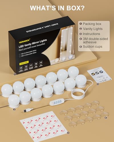 14 Bulbs LED Vanity Lights for Mirror, 3000K 4000K 6500K & 10-Brightness, Wire Length Adjustable, USB Cable, Hollywood Mirror Lights for Makeup Dressing Room Bathroom, White - size: 14 Dimmable Bulbs