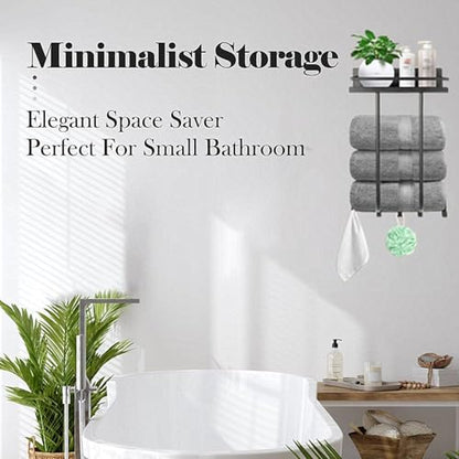Wall Mounted Bathroom Towel Storage Rack with Shelf and 5 Hooks, Black | Holds 3 Large Towels, Stainless Steel, For Rolled Towels, For Bath Towels