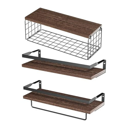 Home Storage Wall Mounted Floating Shelf with Storage Basket,Stylish Wood Over Toilet Rack for Bathroom, Bedroom, Kitchen Organization