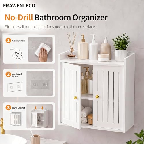 Bathroom Wall Cabinet, Wall Mounted Bathroom Organizer with Double Doors, No Drill PVC Storage Shelf for Toilet, Vanity, Washroom, Sink Area, White Bathroom Cabinet, 15.7 x 7.9 x 15.7 in