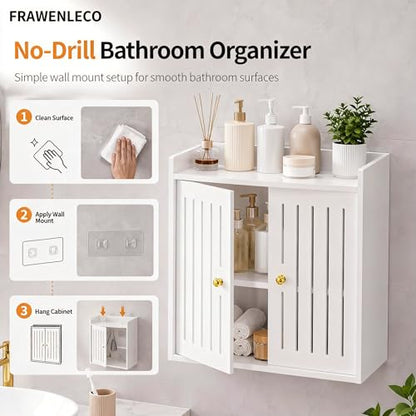 Bathroom Wall Cabinet, Wall Mounted Bathroom Organizer with Double Doors, No Drill PVC Storage Shelf for Toilet, Vanity, Washroom, Sink Area, White Bathroom Cabinet, 15.7 x 7.9 x 15.7 in