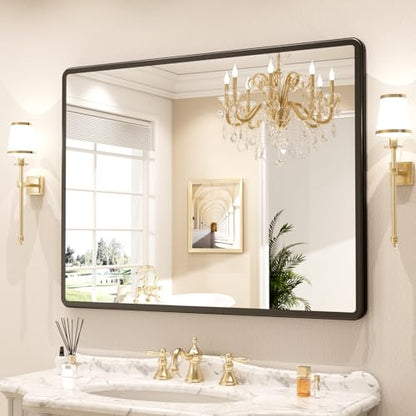 pertetey 40 x 30 in Rounded Rectangle Bathroom Mirror, Black Metal Frame | Black Metal Frame, Rounded Rectangle Design, Tempered Glass, Wall Mounted - size: 40"L x 30"W