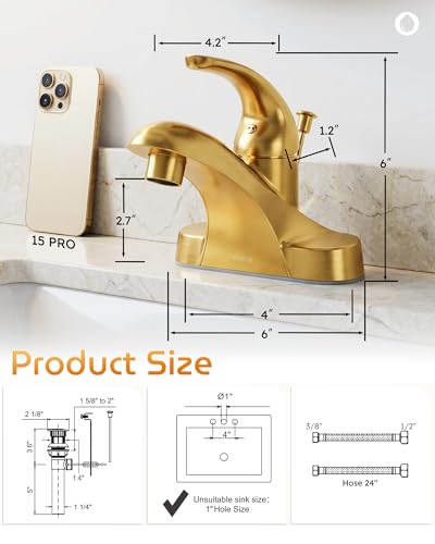 WOWOW 4 Inch Bathroom Faucet Single Handle Faucet for Bathroom Sink Brushed Gold Vanity Tap with Lift Rod Drain Assembly, Rv Lavatory Taps 3 Hole - color: Brushed Gold