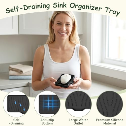 Silicone Soap Dish with Drain Spouts, Bar Soap Holder, Self-Draining Sink Organizer Kitchen Sponge Tray, Non-Slip Dispensers for Bathroom, Kitchen (Off White, 1 Long + 2 Short) - color: Off White