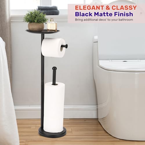 Black Toilet Paper Holder Stand, Freestanding Toilet Paper Holder with Shelf for Small Items, Toilet Paper Stand with Storage Space for 4 Extra Toilet Paper Rolls - color: Black Matte