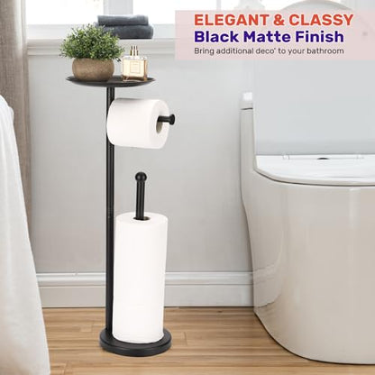 Black Toilet Paper Holder Stand, Freestanding Toilet Paper Holder with Shelf for Small Items, Toilet Paper Stand with Storage Space for 4 Extra Toilet Paper Rolls - color: Black Matte